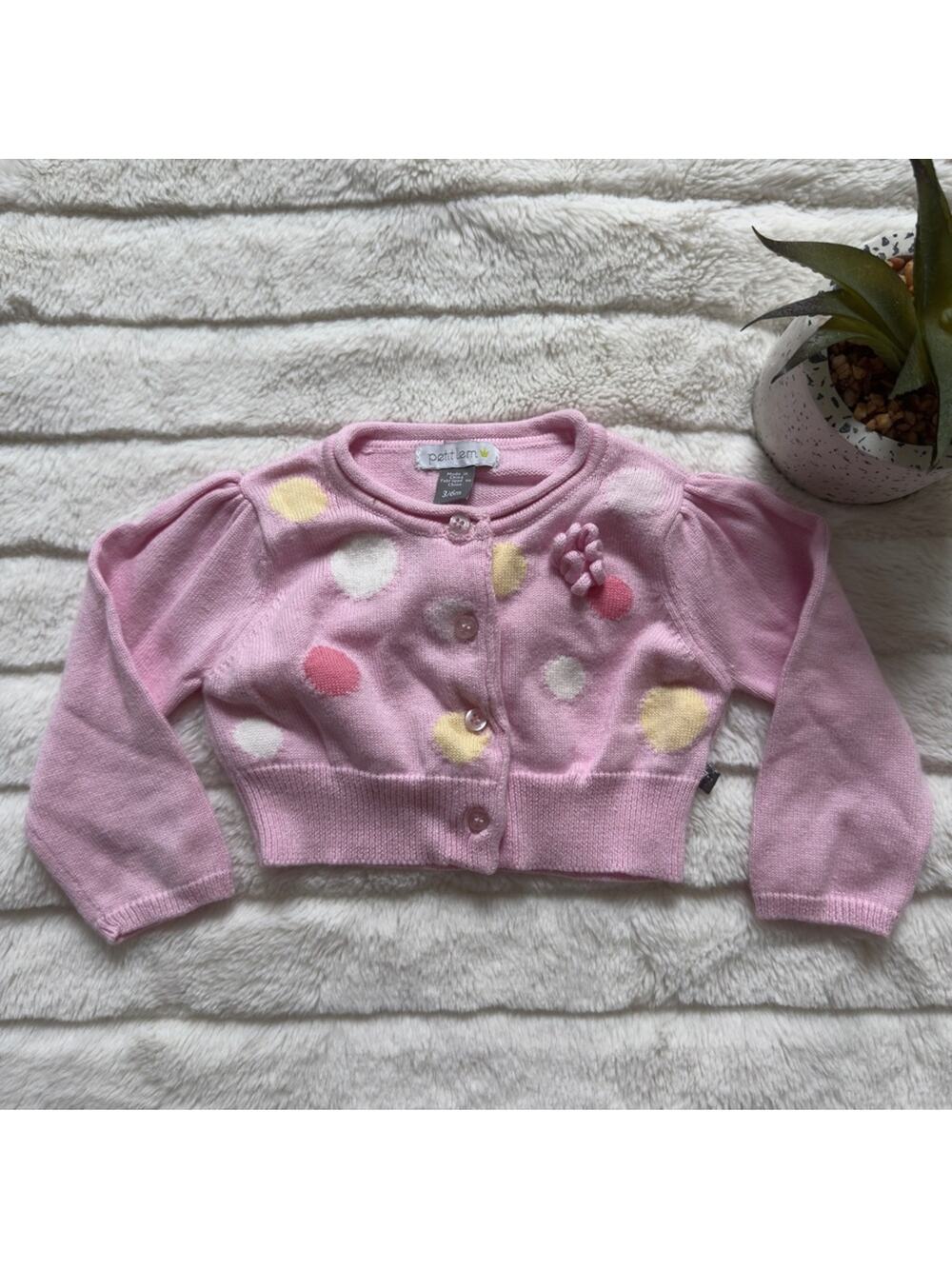 Petit Lem Pink Cardigan Polka Dots long sleeve button down front tight knit 3/6M